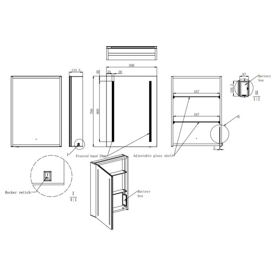 Single Door Chrome Bathroom Mirror Cabinet with Battery Operated Lights 500 x 700mm - Capricorn
